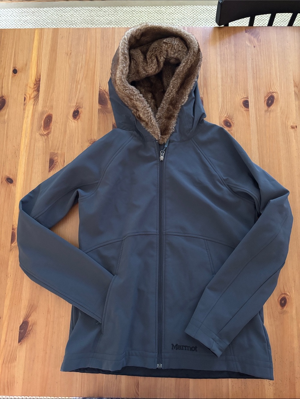 Marmot Gray Furlong Jacket with Brown Faux Fur Lined Hood Women’s Sz L EUC